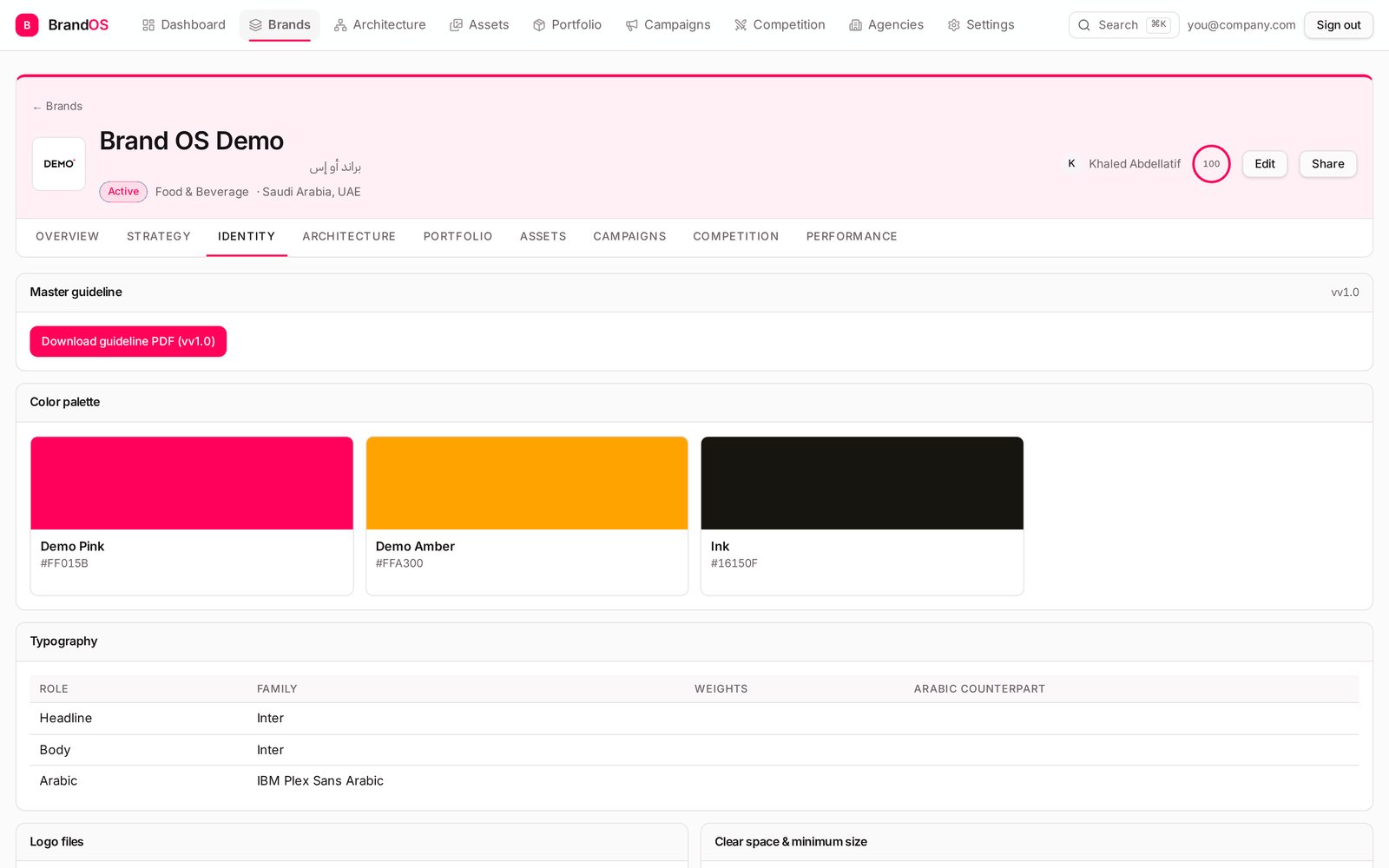 Brand OS identity tab showing colour palette with hex codes, typography table and logo files